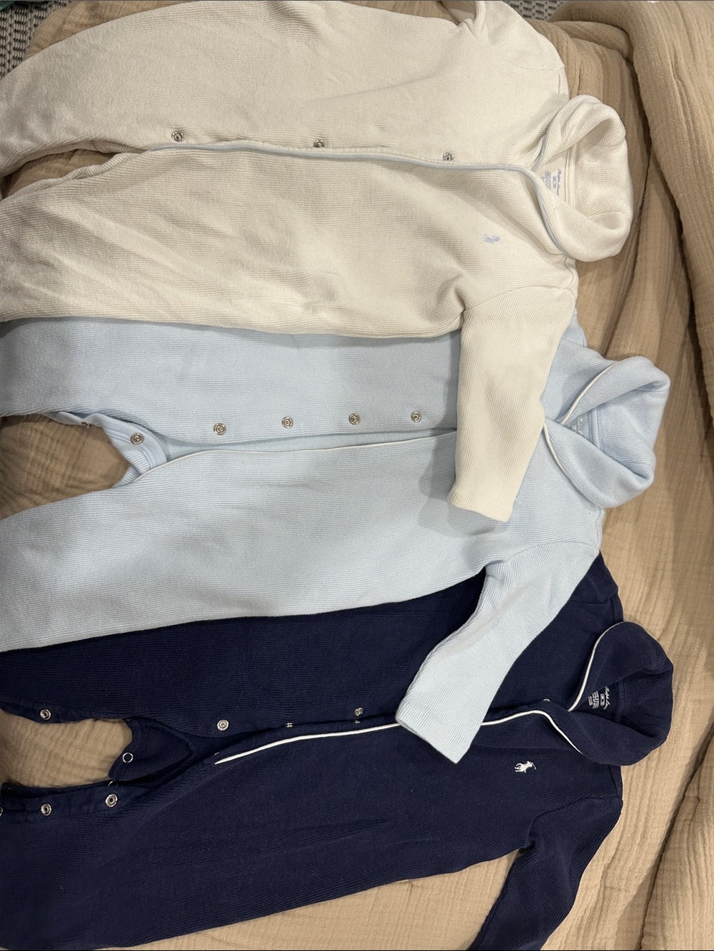 Ralph Lauren Navy, Light Blue & Ivory Baby Snap Romper Trio
